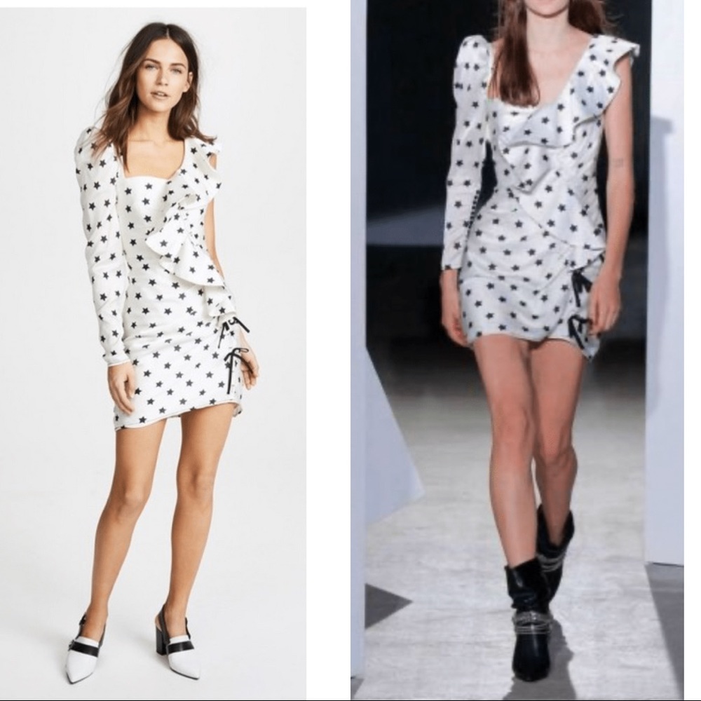 Self-Portrait Dress Star Print One Shoulder Frill Long Sleeve Dress Runway Sexy